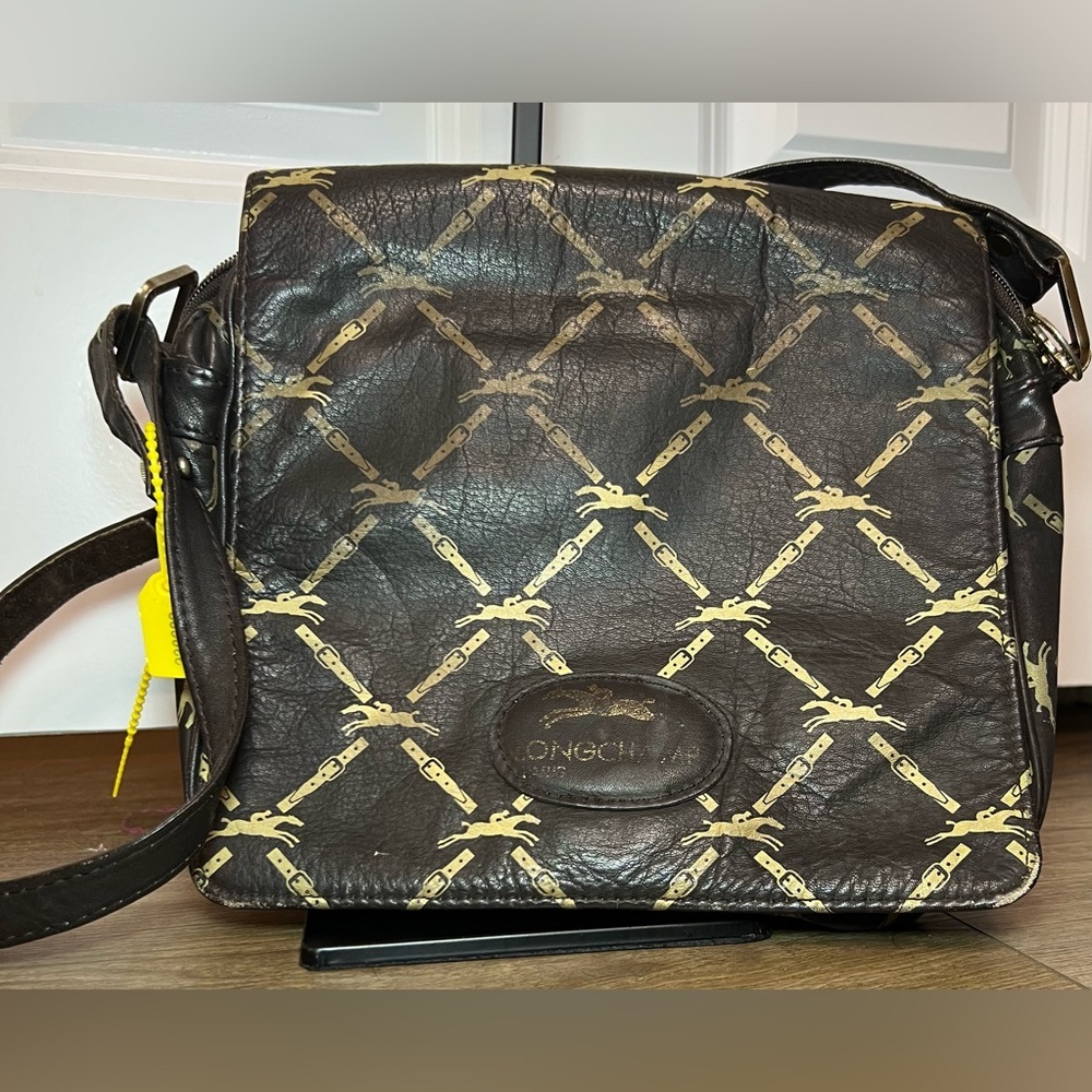 Longchamp Shoulder Bag Leather Dark Brown Horse Pattern